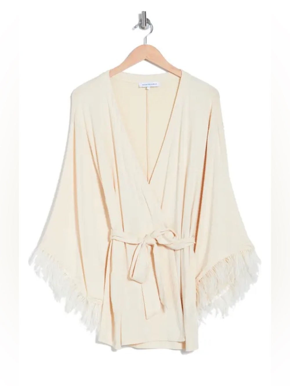 Light Cream Feather Kimono Robe with Tie Belt